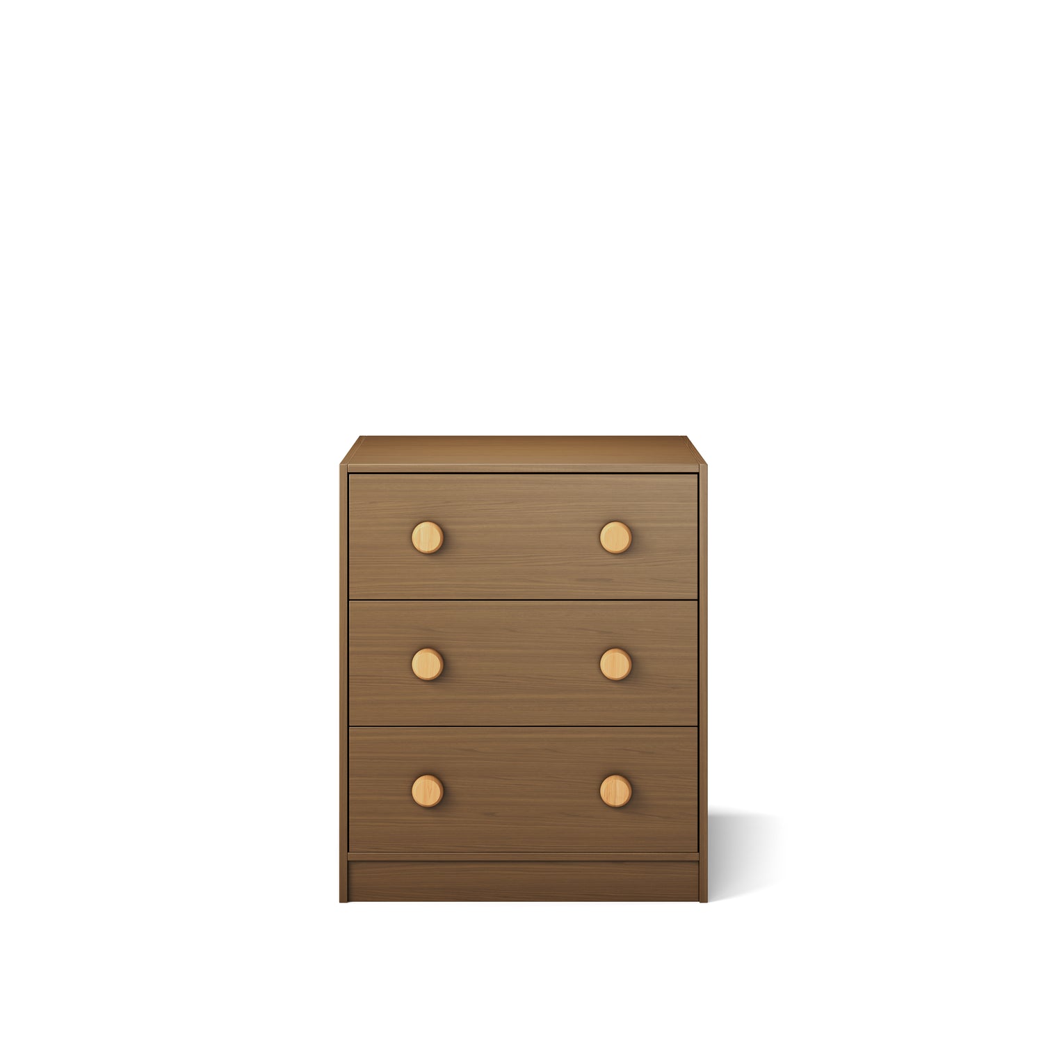 Three-drawer wooden chest with round knobs in native elm finish for bunk bed or loft bed storage.