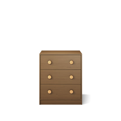 Three-drawer wooden chest with round knobs in native elm finish for bunk bed or loft bed storage.