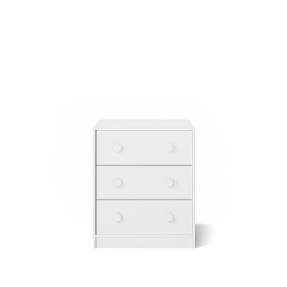 White Lo-Line chest with three drawers, designed to complement bunk beds and loft beds.