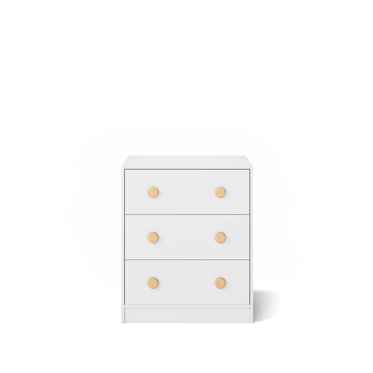 White Lo-Line chest with three drawers and round wooden knobs, designed for bunk and loft bed spaces.