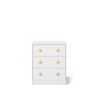 White Lo-Line chest with three drawers and round wooden knobs, designed for bunk and loft bed spaces.