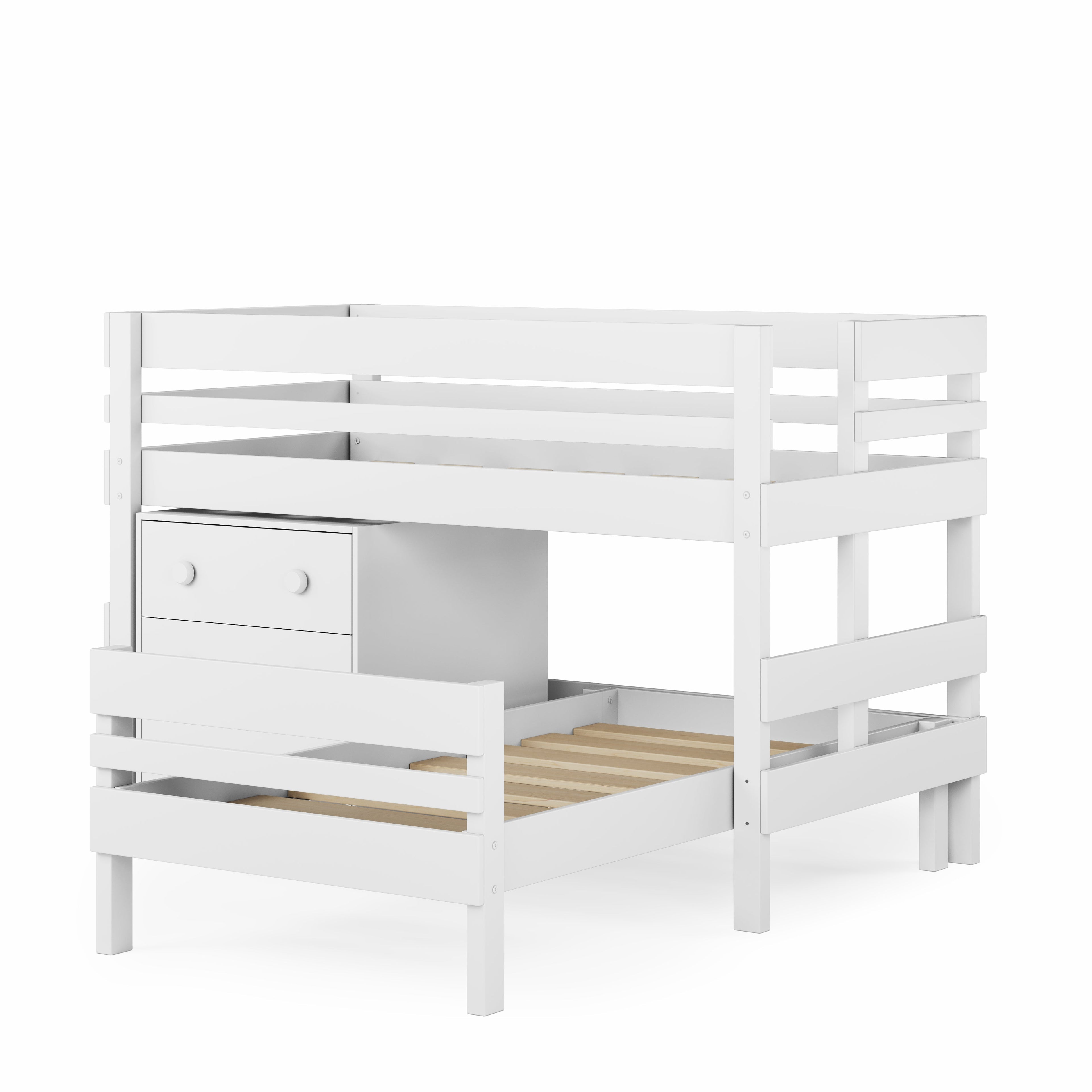 White low height corner bunk bed with twin upper bed and larger lower bed frame.