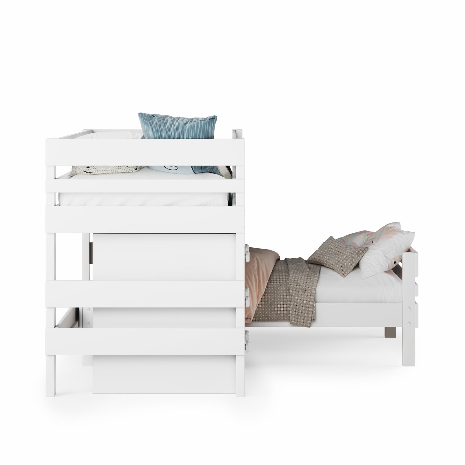 Low height corner bunk bed in white with horizontal slats and side guardrails, styled with blue pillow and neutral bedding.