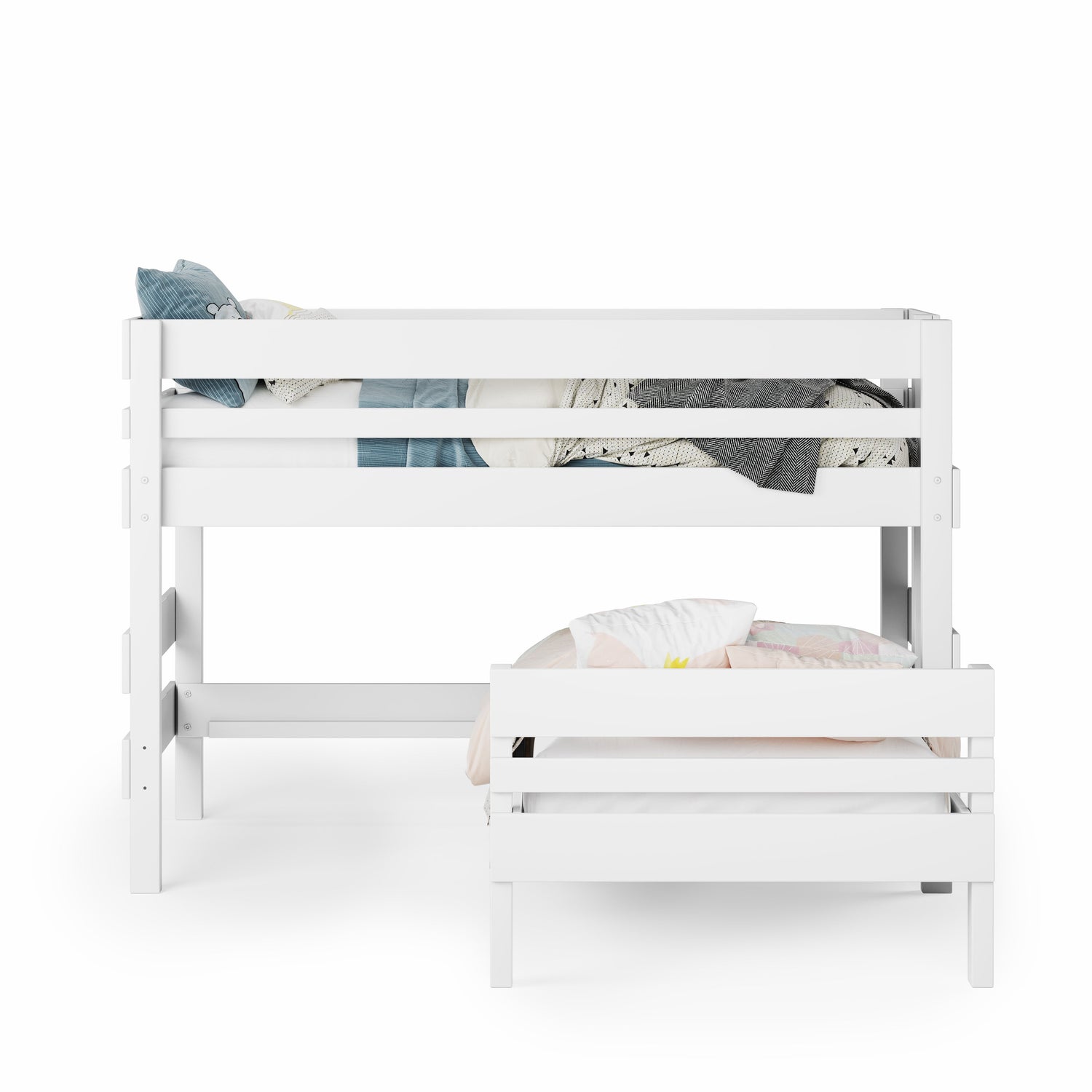 White low height corner bunk bed with clean lines and slatted guardrails.