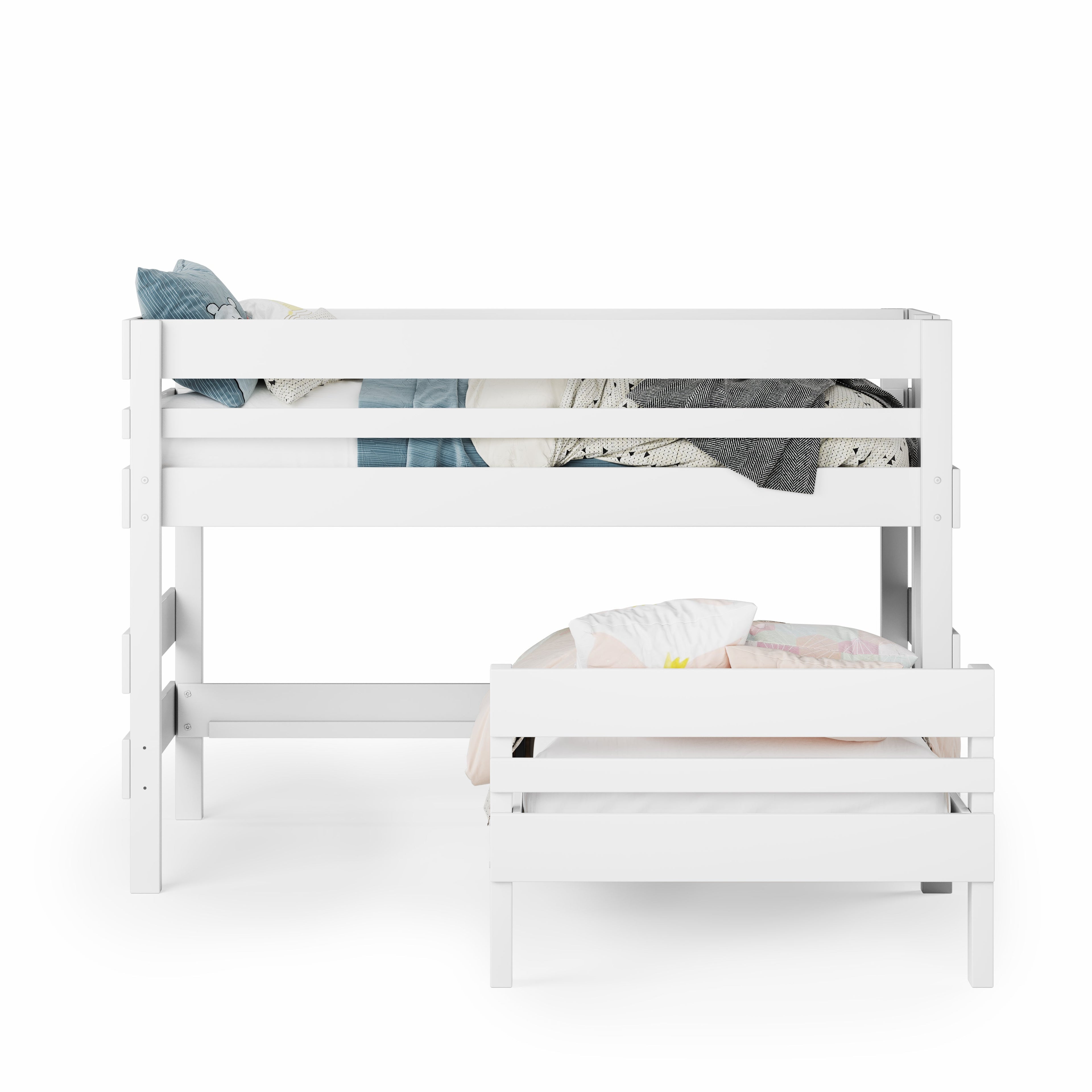 White low height corner bunk bed with clean lines and slatted guardrails.