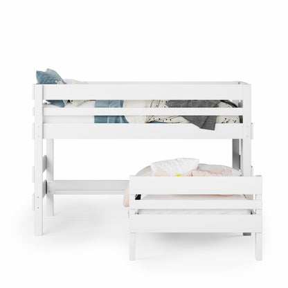 White low height corner bunk bed with clean lines and slatted guardrails.