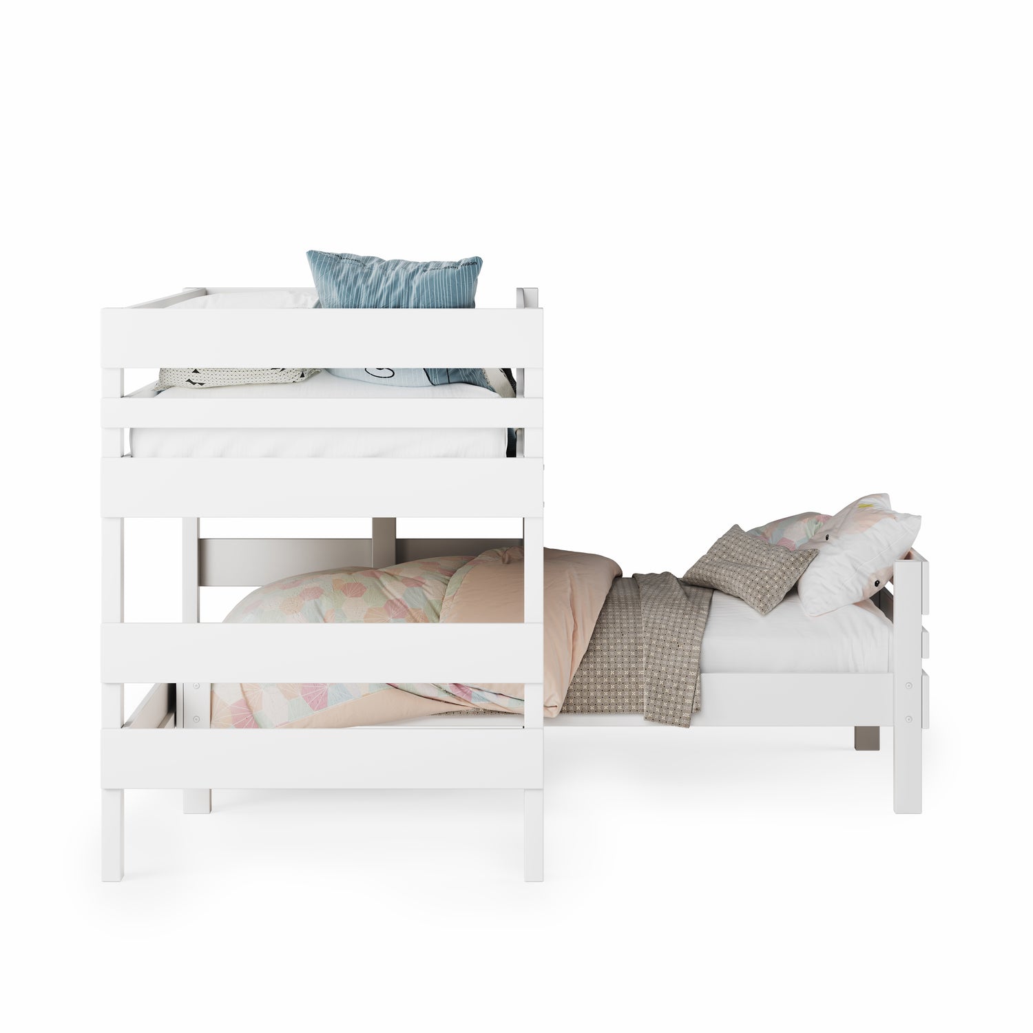 White low height corner bunk bed with guardrails and pastel bedding.