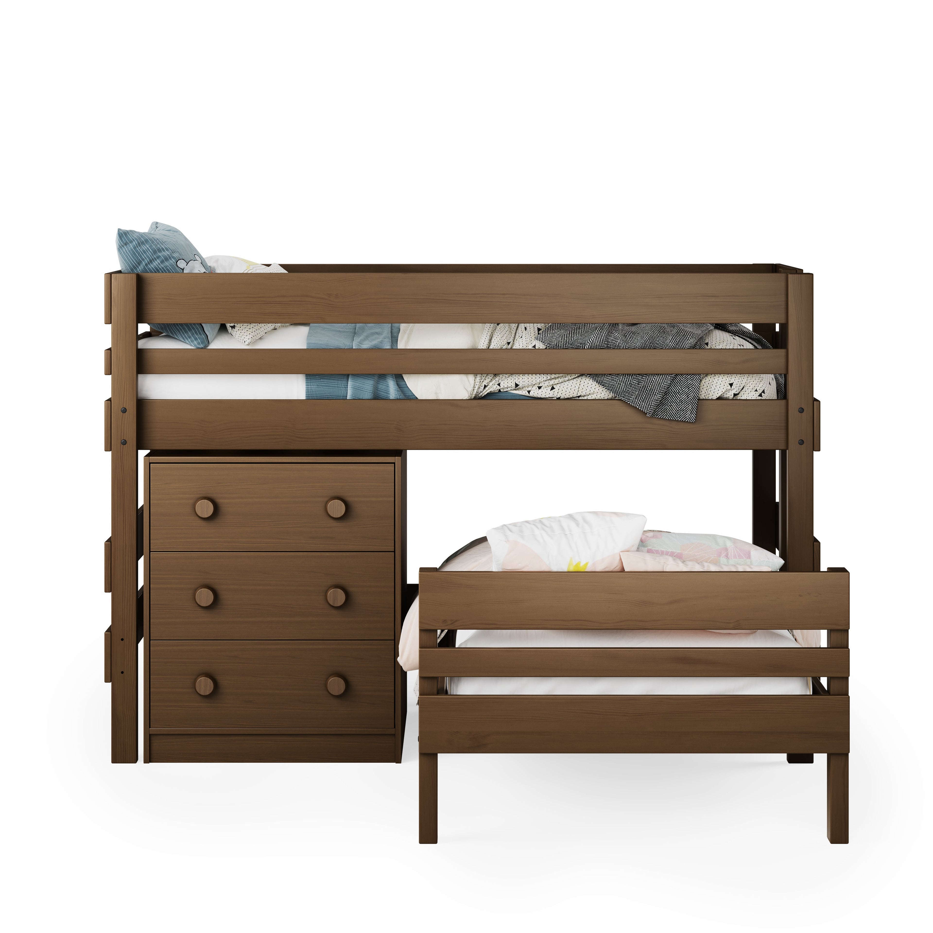 Low height corner bunk bed in native elm finish with built-in three-drawer chest and guardrails.
