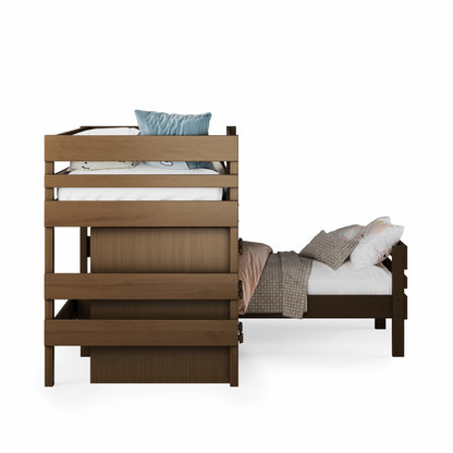 Low height corner bunk bed in native elm with stairs and safety rails on top bunk.