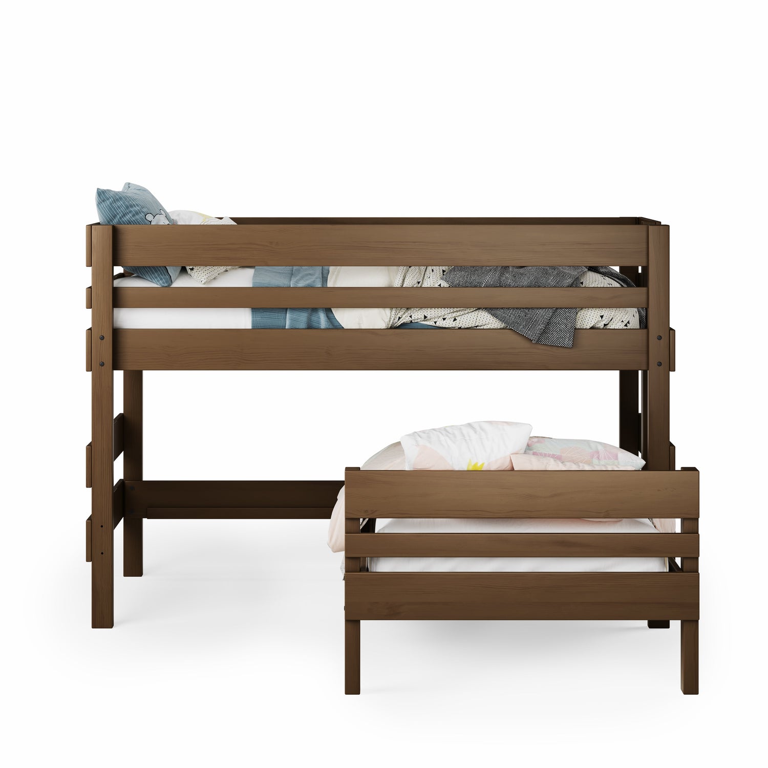 Low height corner bunk bed in native elm finish with slatted guardrails and lower bed perpendicular to upper bed.