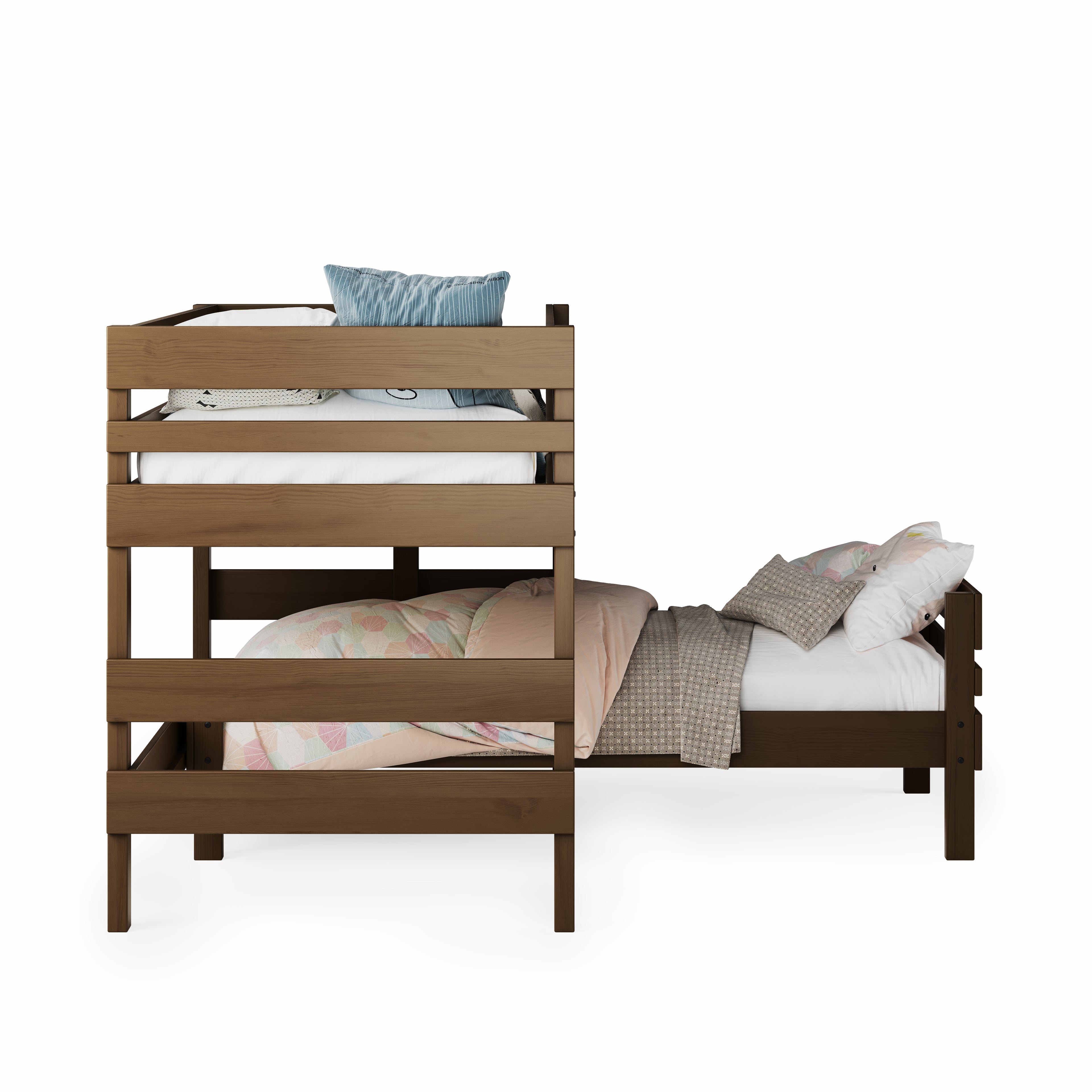 Low height corner bunk bed in dark wood with simple horizontal slats and neutral bedding.