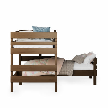 Low height corner bunk bed in dark wood with simple horizontal slats and neutral bedding.