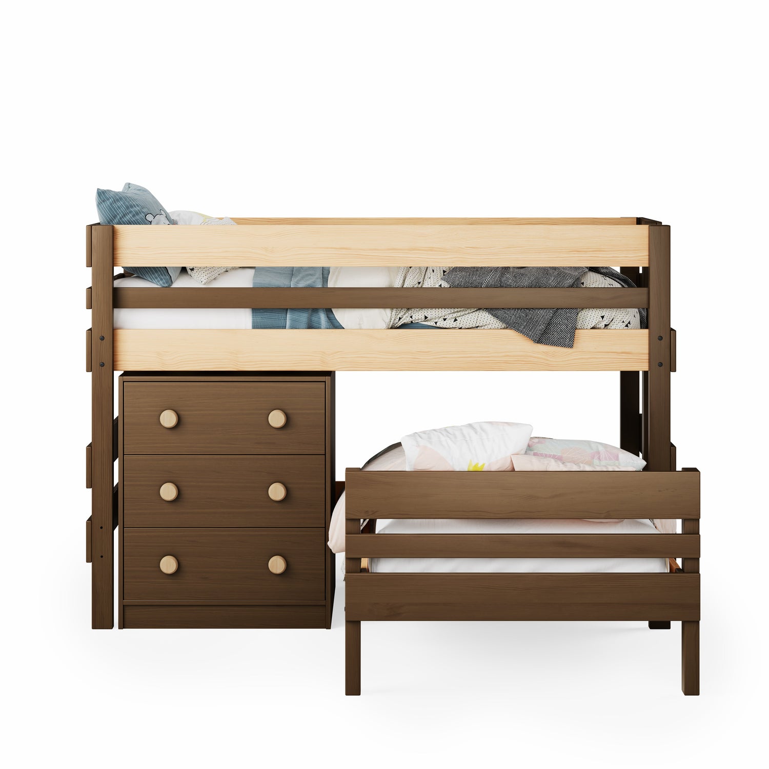 Low height corner bunk bed in dark wood with built-in chest of drawers and white bedding.