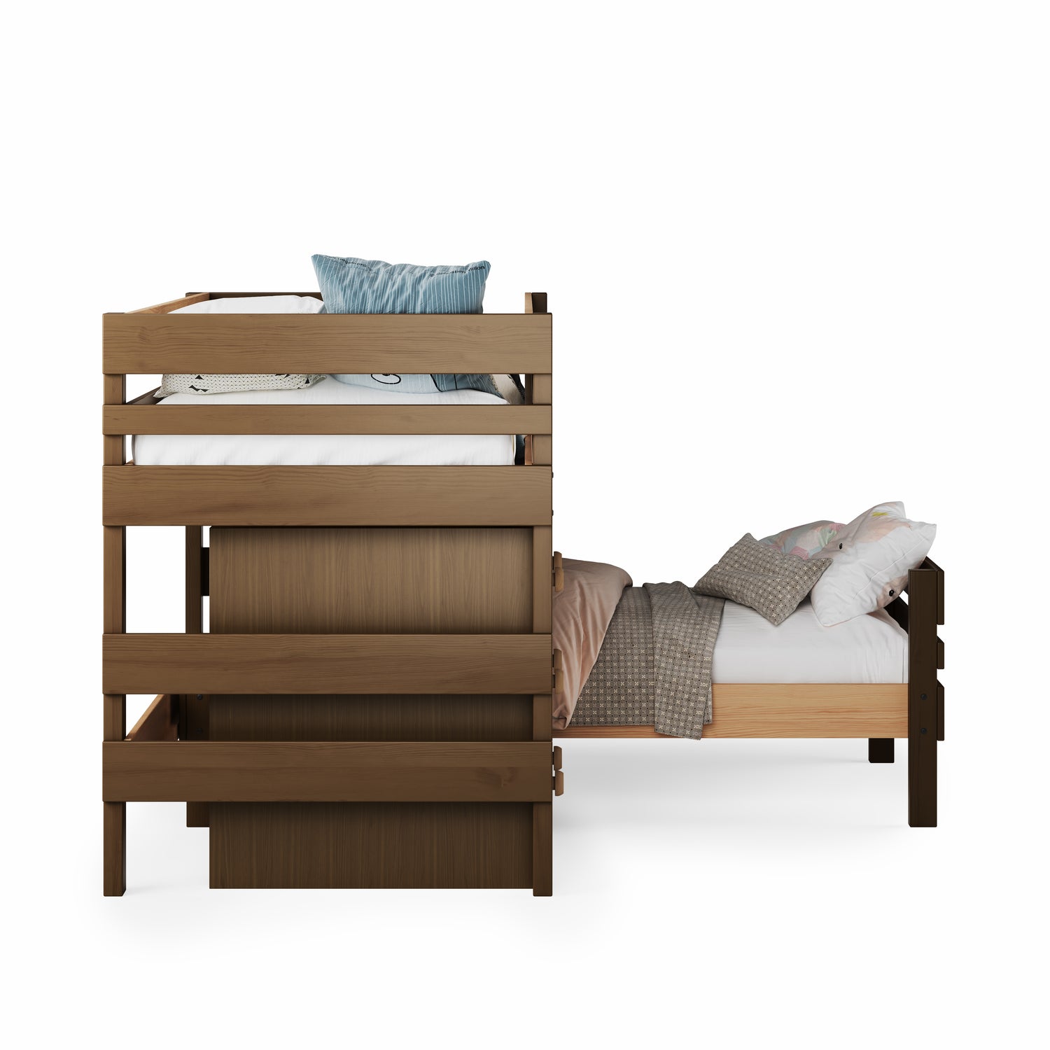Low height corner bunk bed in native elm with horizontal slats and guardrails on top bunk.