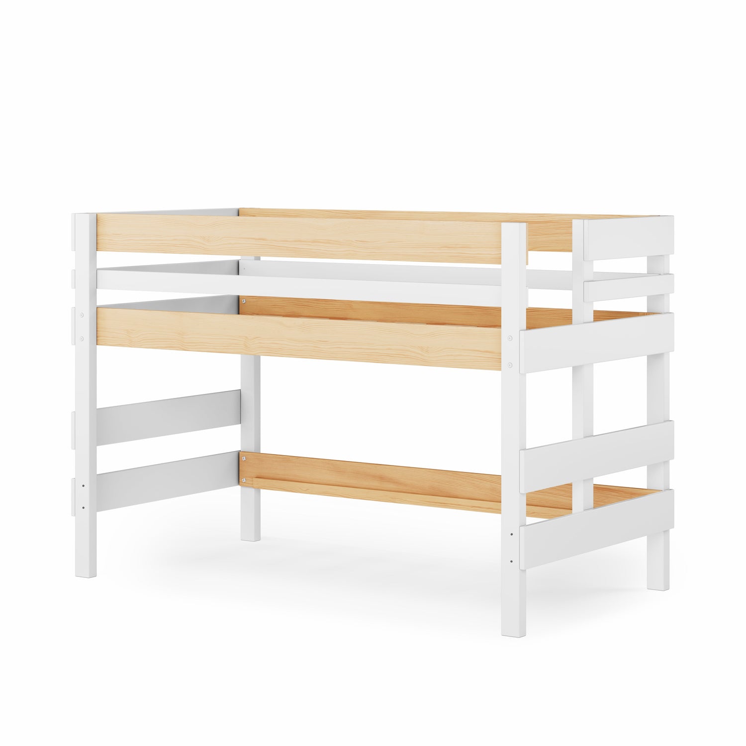 Low height corner bunk bed with white frame and natural elm wood panels.