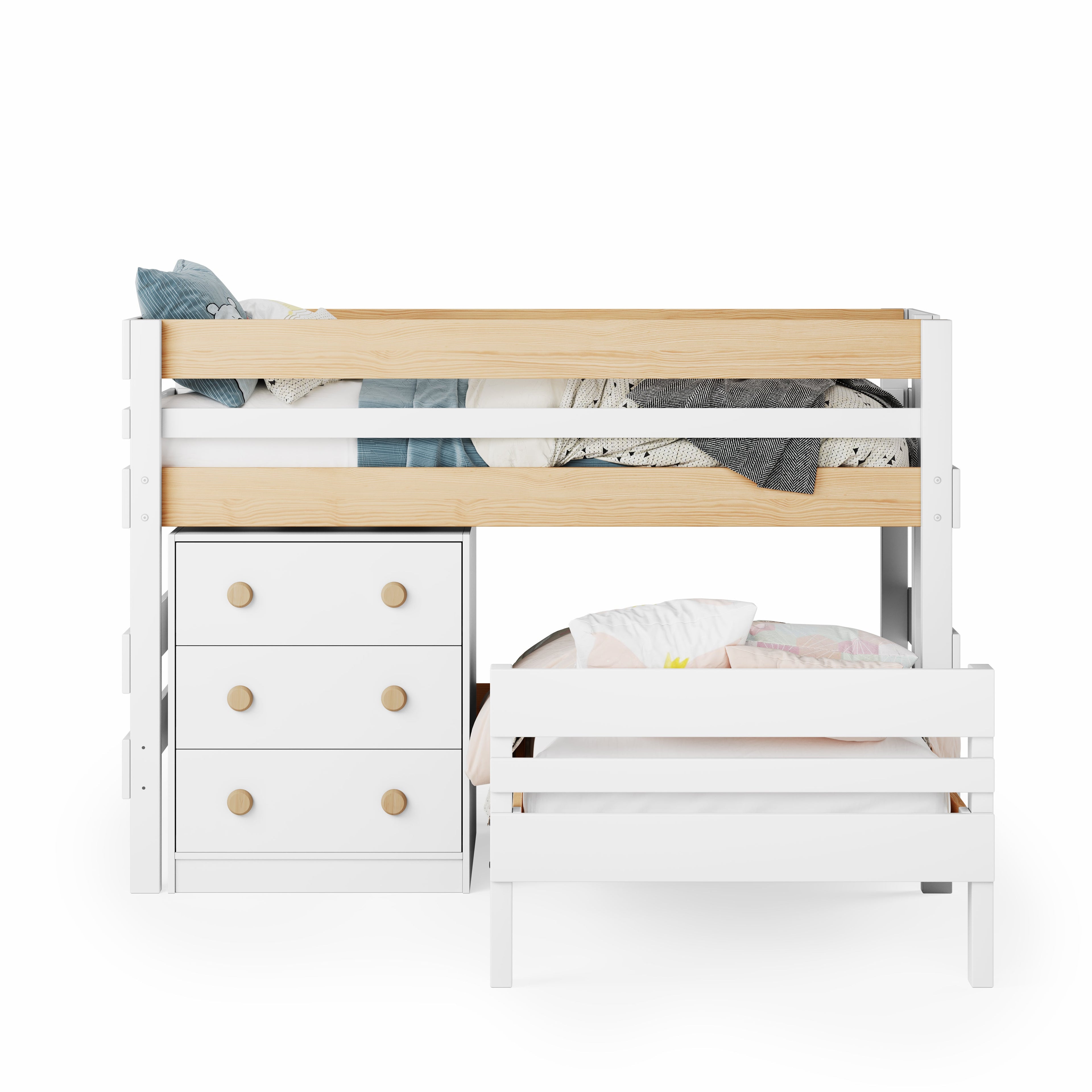 Low height corner bunk bed in white with natural wood accents and built-in chest of drawers.