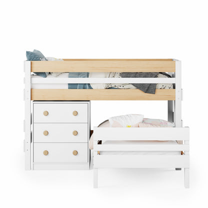 Low height corner bunk bed in white with natural wood accents and built-in chest of drawers.