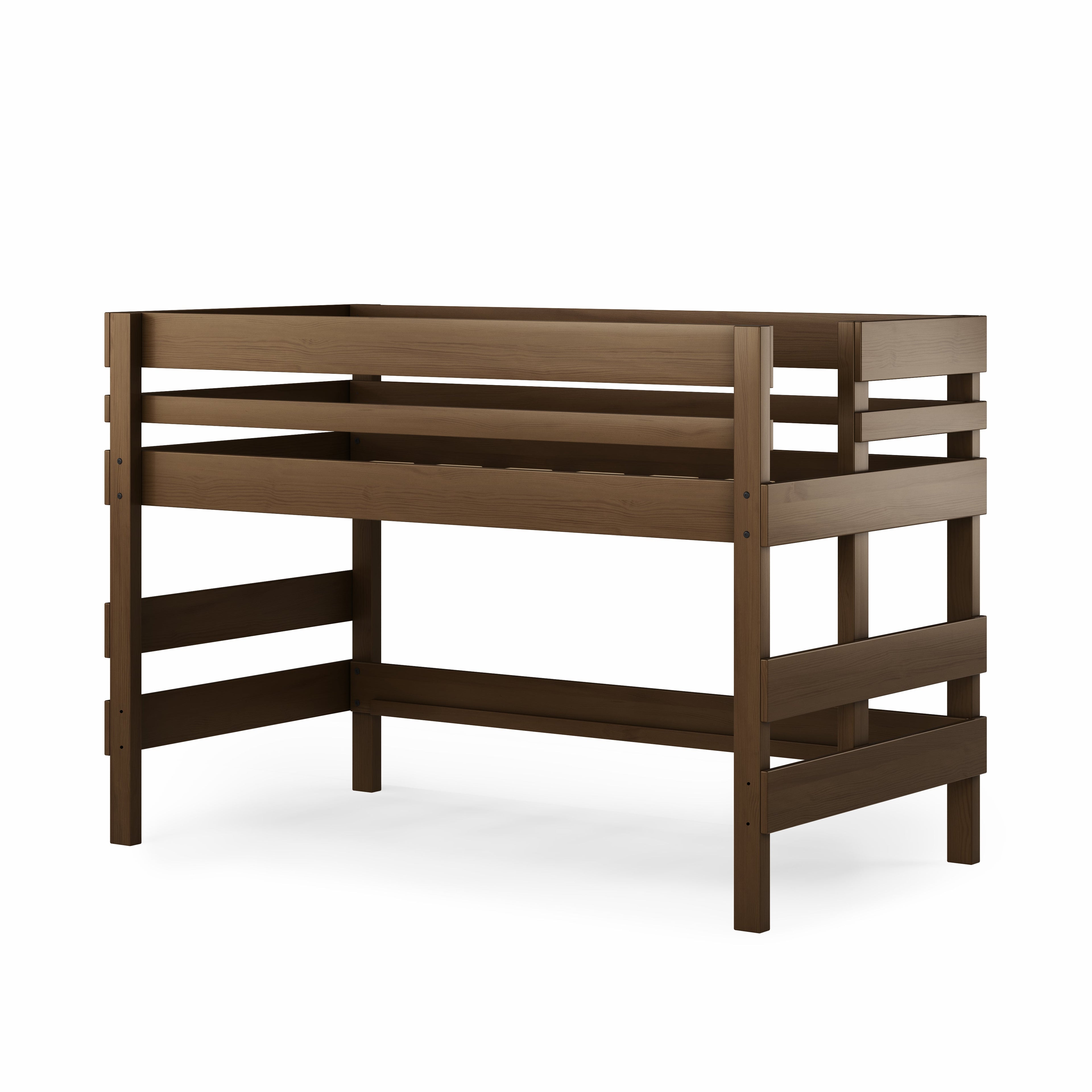 Low height corner bunk bed in dark wood finish with guardrails and integrated ladder.