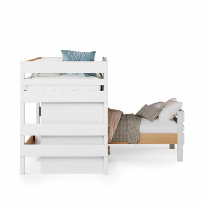 Low height corner bunk bed in white with clean lines and integrated ladder on the side.