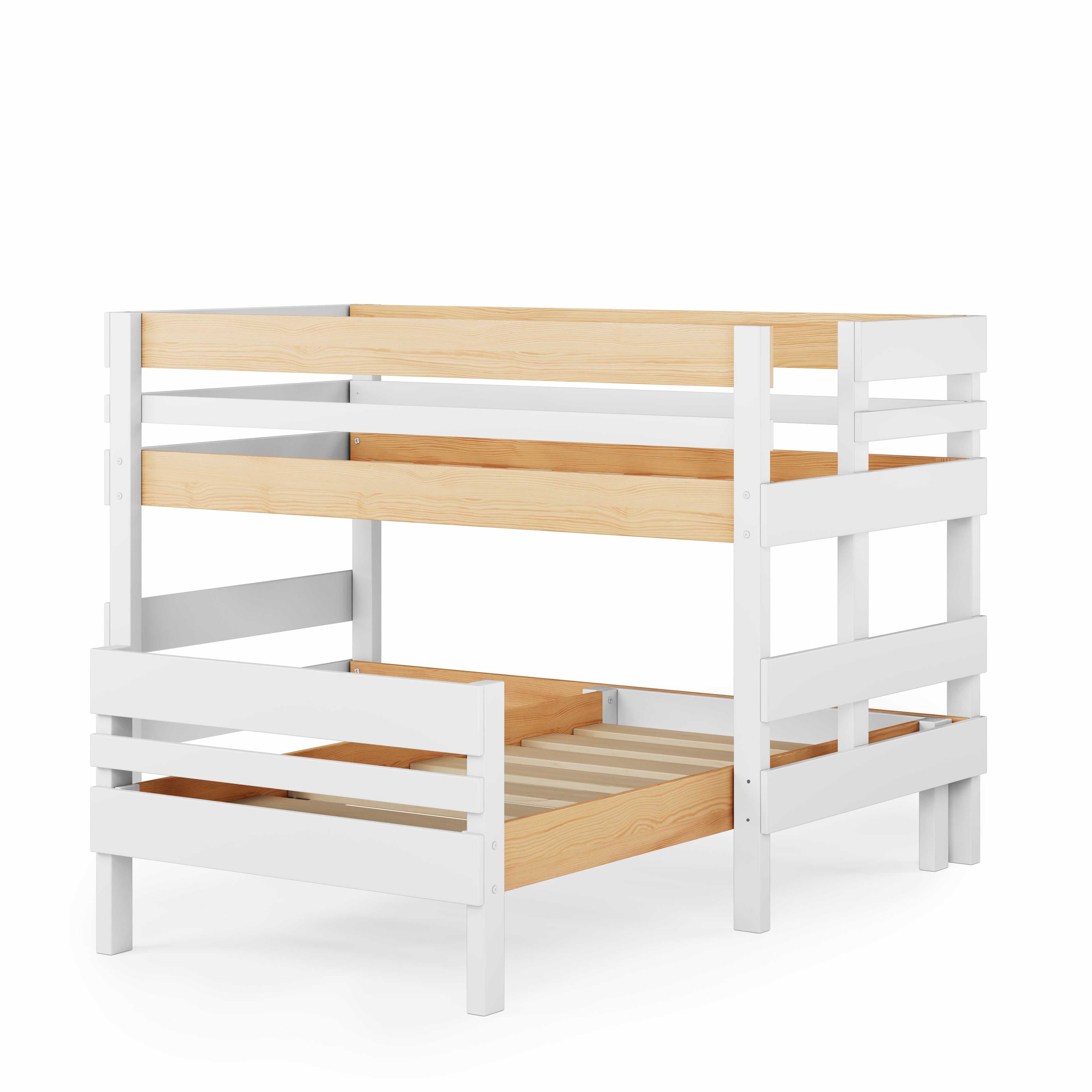 Low height corner bunk bed in white and native elm with sturdy slatted frame.