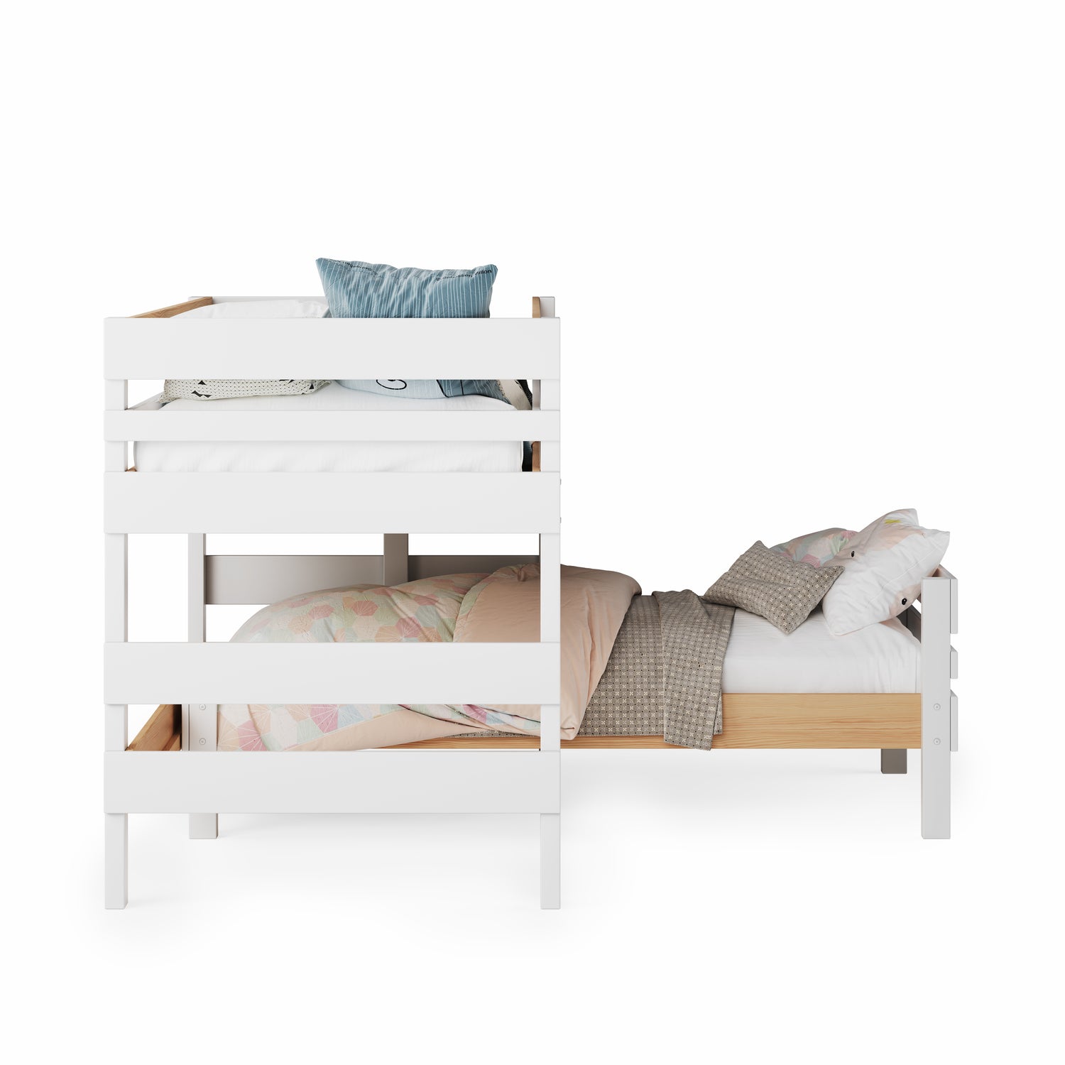 White low height corner bunk bed with guardrails and pillows on both beds.