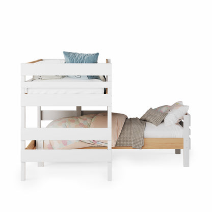 White low height corner bunk bed with guardrails and pillows on both beds.