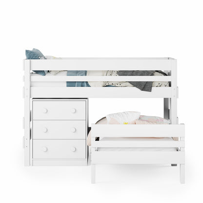 White low height corner bunk bed with built-in three-drawer chest and guardrails.