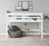 cute low height white loft bed in Brisbane bedroom with beanbag and small table with lamp