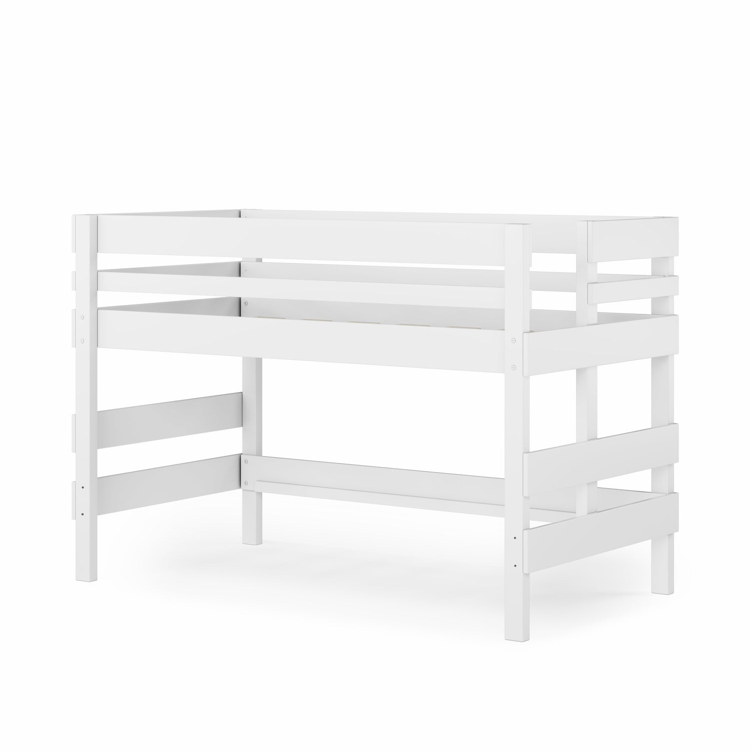 White wooden low height high bed with safety rails and ladder on side.