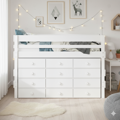 White low height high bed with built-in drawers and safety rails in a modern bedroom setting.