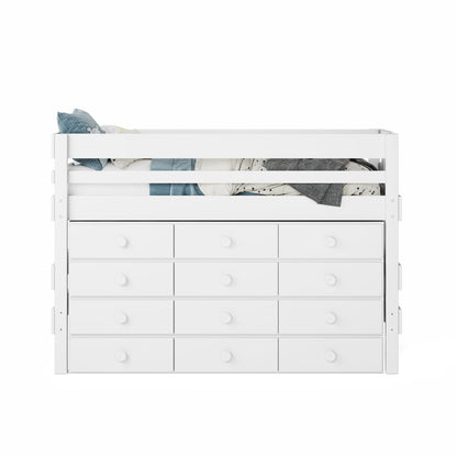 White low height high bed with integrated 12-drawer underbed storage and side rails.
