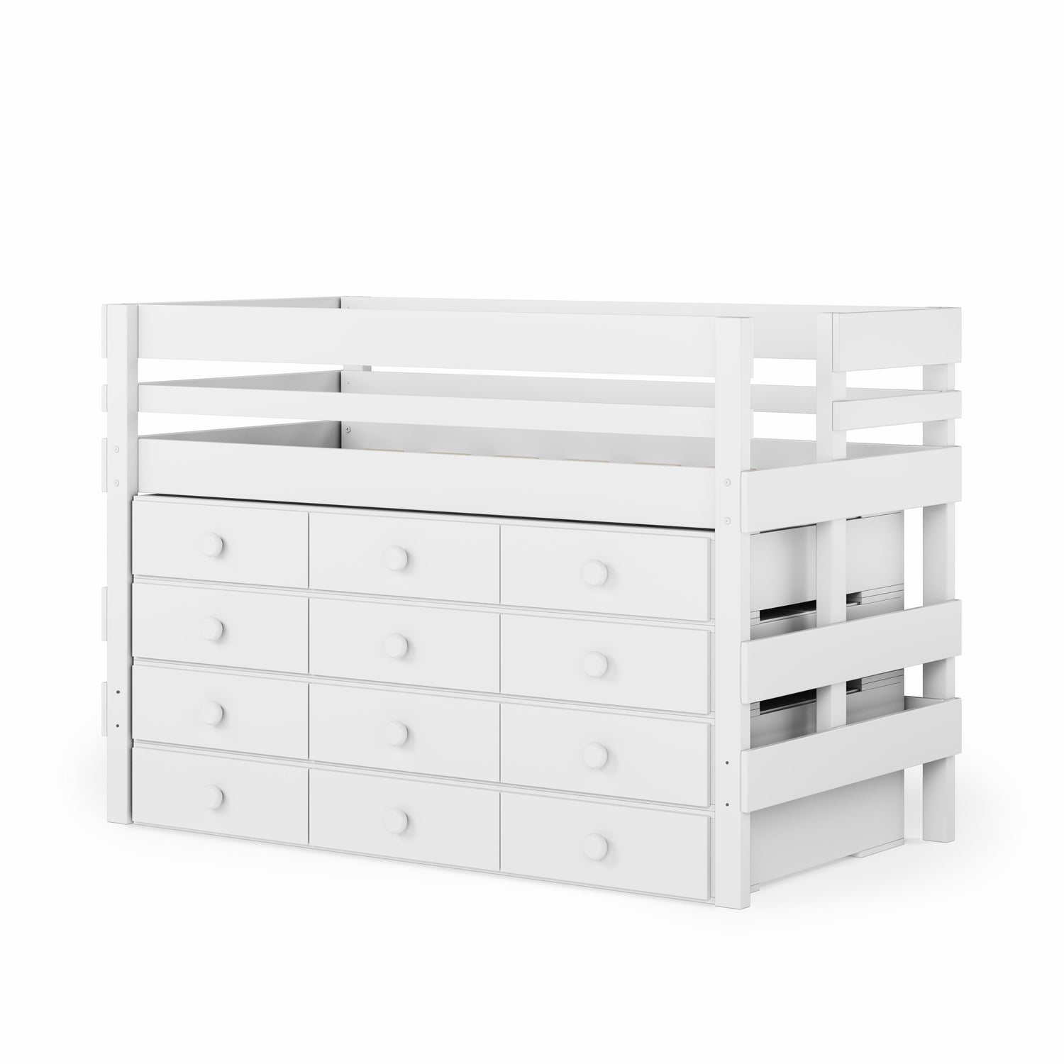 White wooden low height high bed with built-in drawers and safety rails.