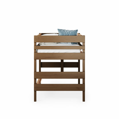 Native Elm low height high bed with protective slats and ladder, single size.
