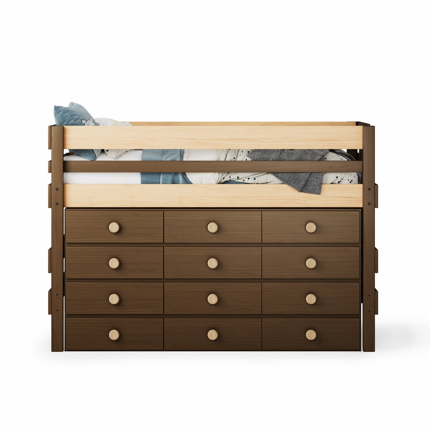 Low height high bed in natural elm with integrated twelve-drawer storage units and safety rails.