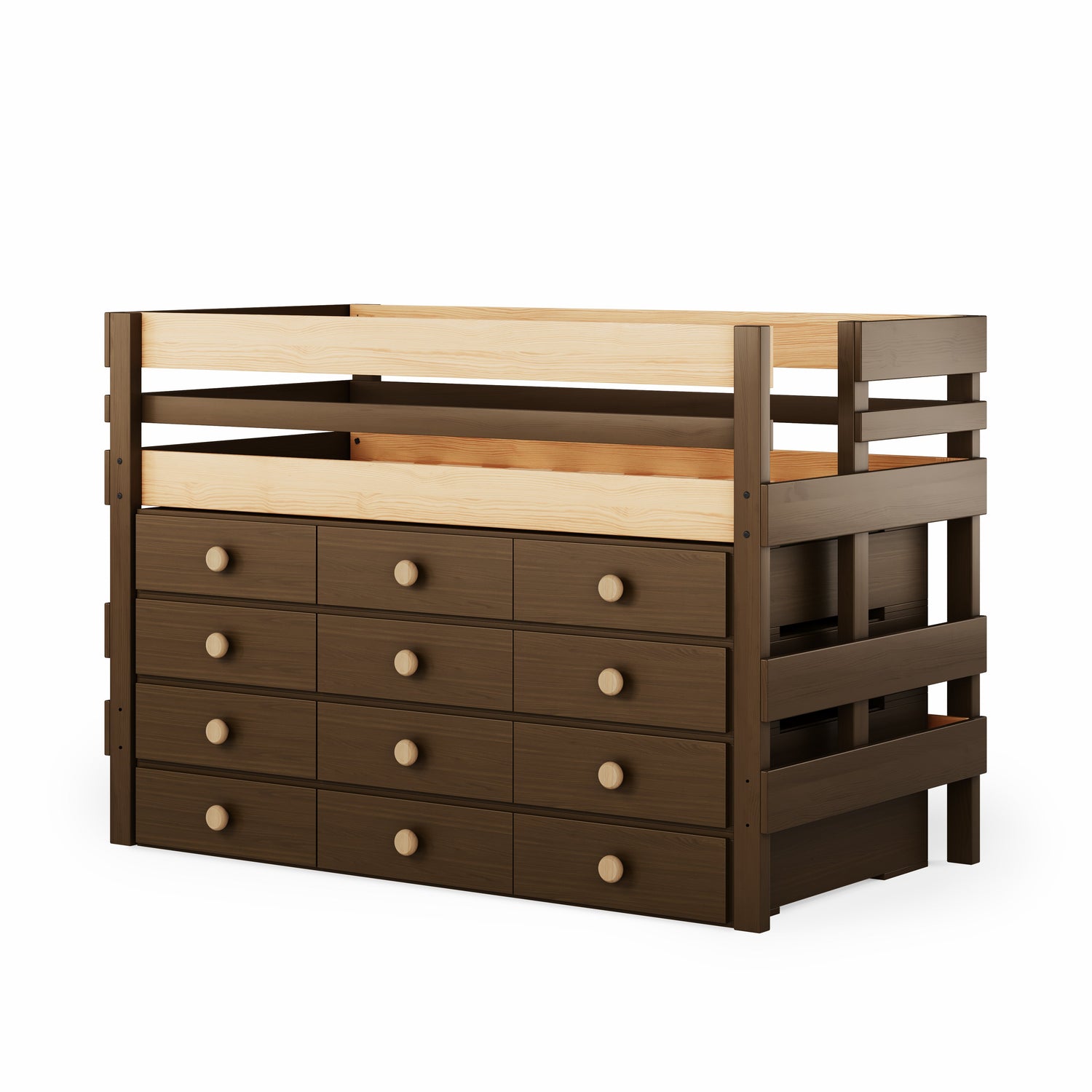 Dark brown low height high bed with twelve built-in drawers and side guard rails.