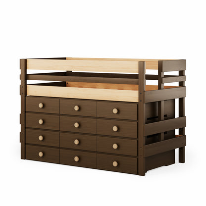 Dark brown low height high bed with twelve built-in drawers and side guard rails.