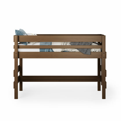 Native elm low height high bed with slatted guardrails and open space underneath.