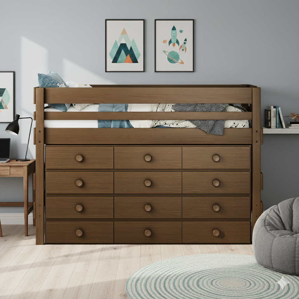 Low height timber loft bed above 4 sets of Bunkers deep under bed drawers