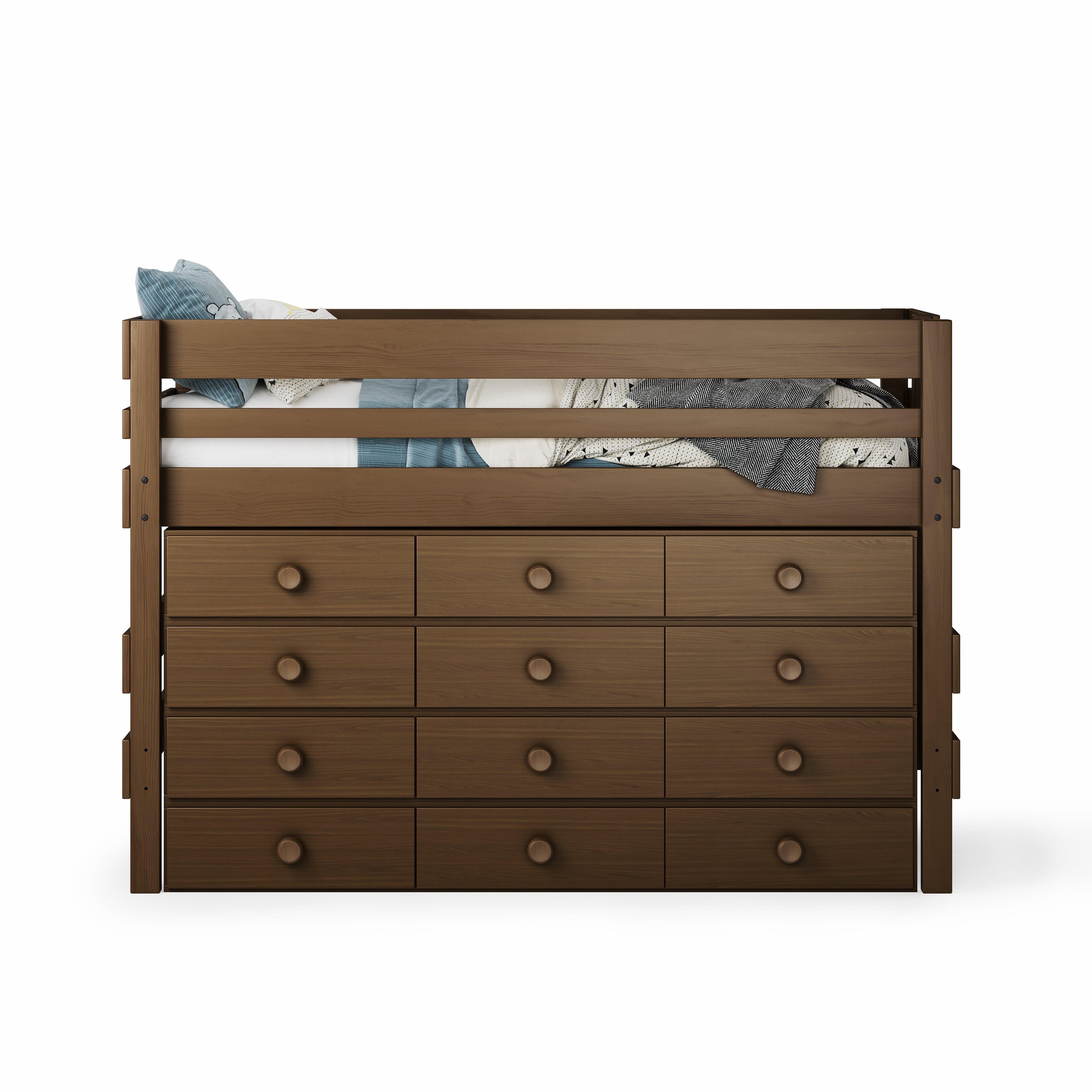 Native Elm low height high bed with integrated twelve-drawer storage unit.