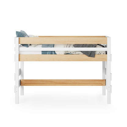 Low height high bed in native elm with white frame and safety rails, single size.