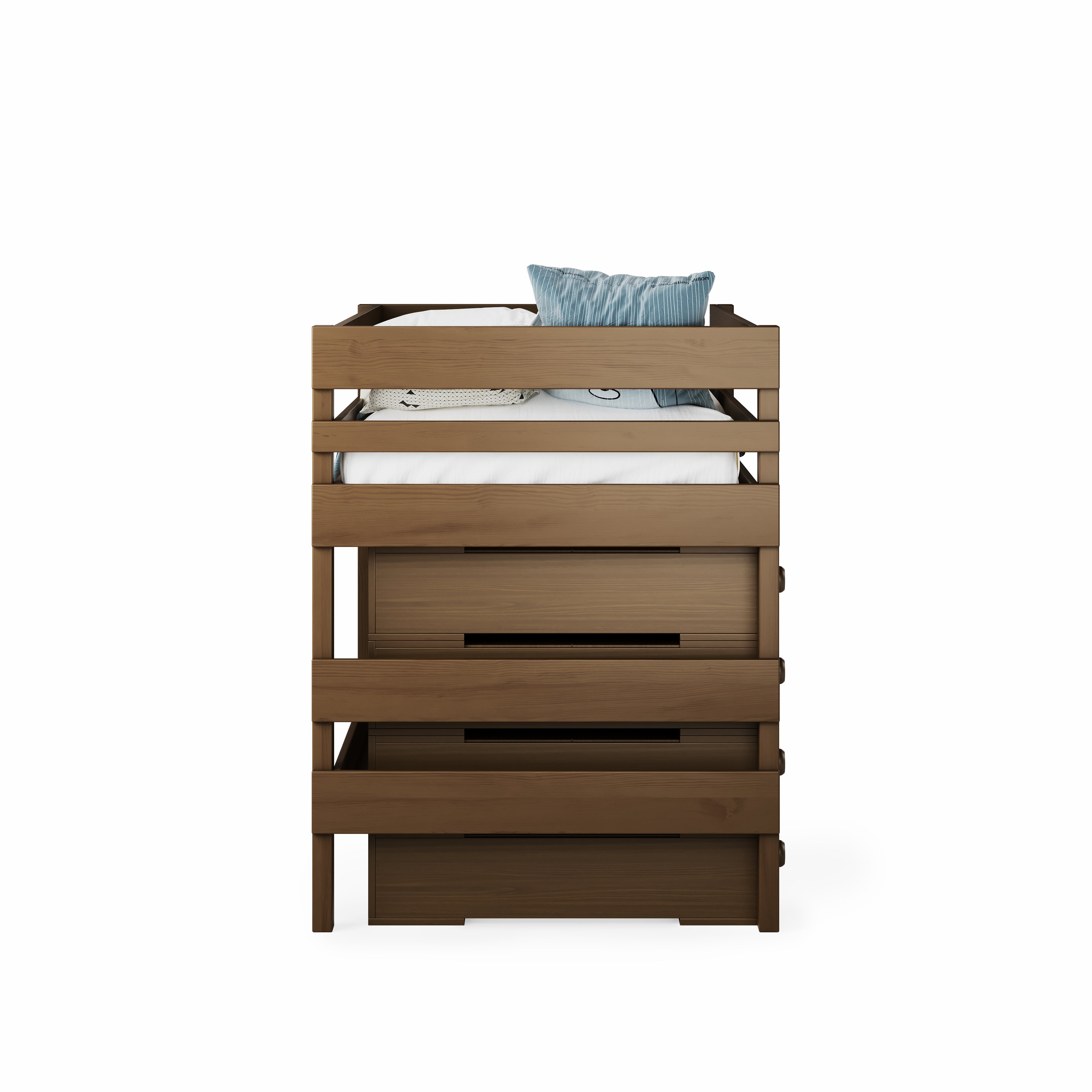 Native Elm low height high bed with safety rails and mattress from front view.