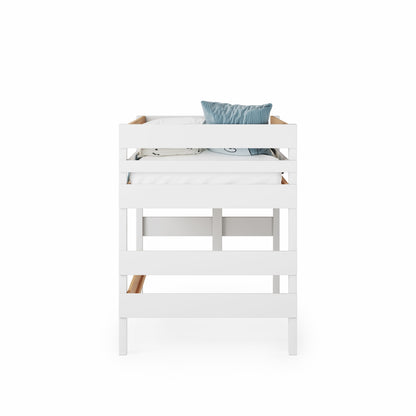 White low height high bed with guardrails and clean, modern design, single size.