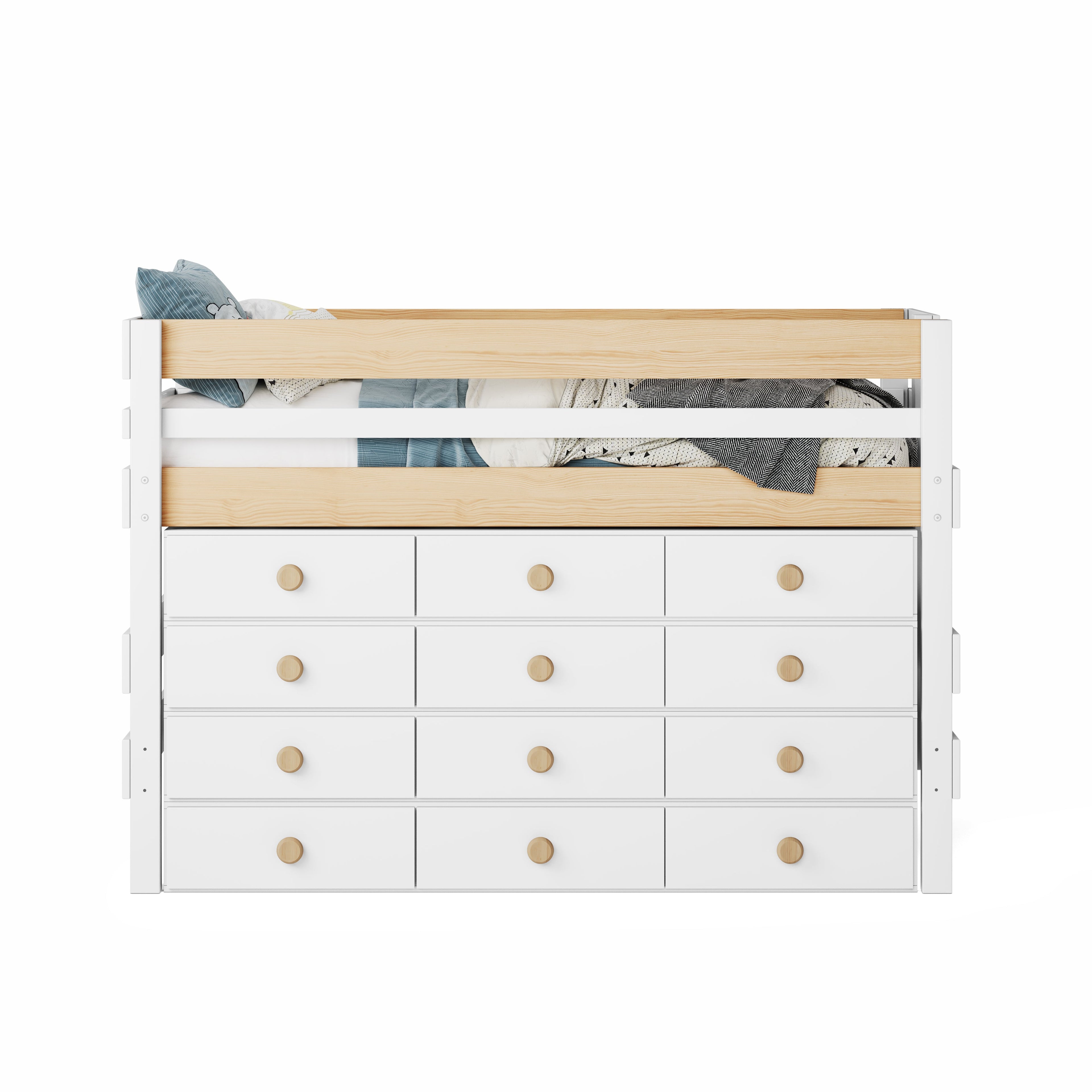 White low height high bed with built-in twelve-drawer storage and natural wood railing panels.