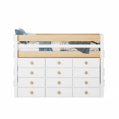 White low height high bed with built-in twelve-drawer storage and natural wood railing panels.