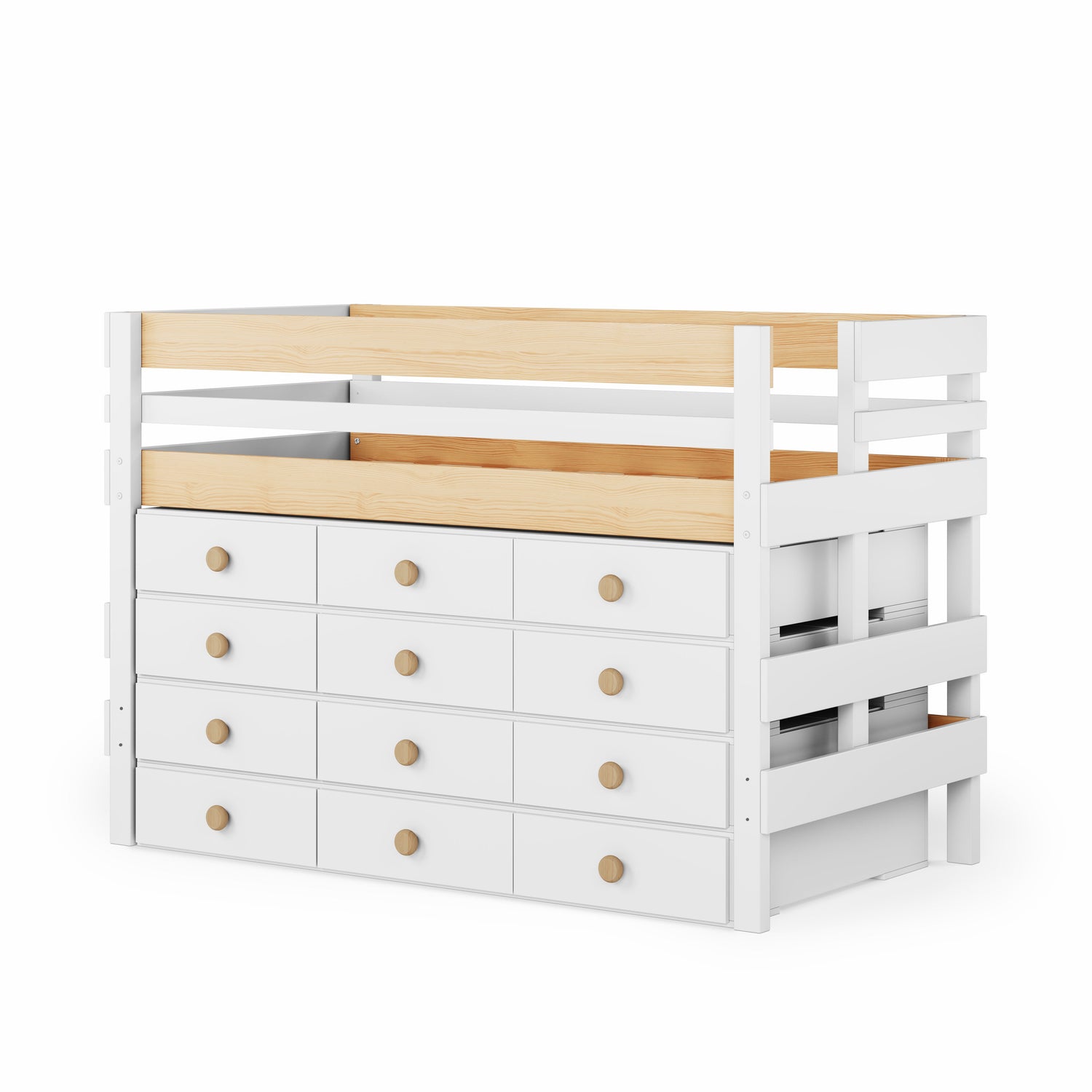 White low height high bed with twelve under bed drawers and natural wood slatted guardrails.