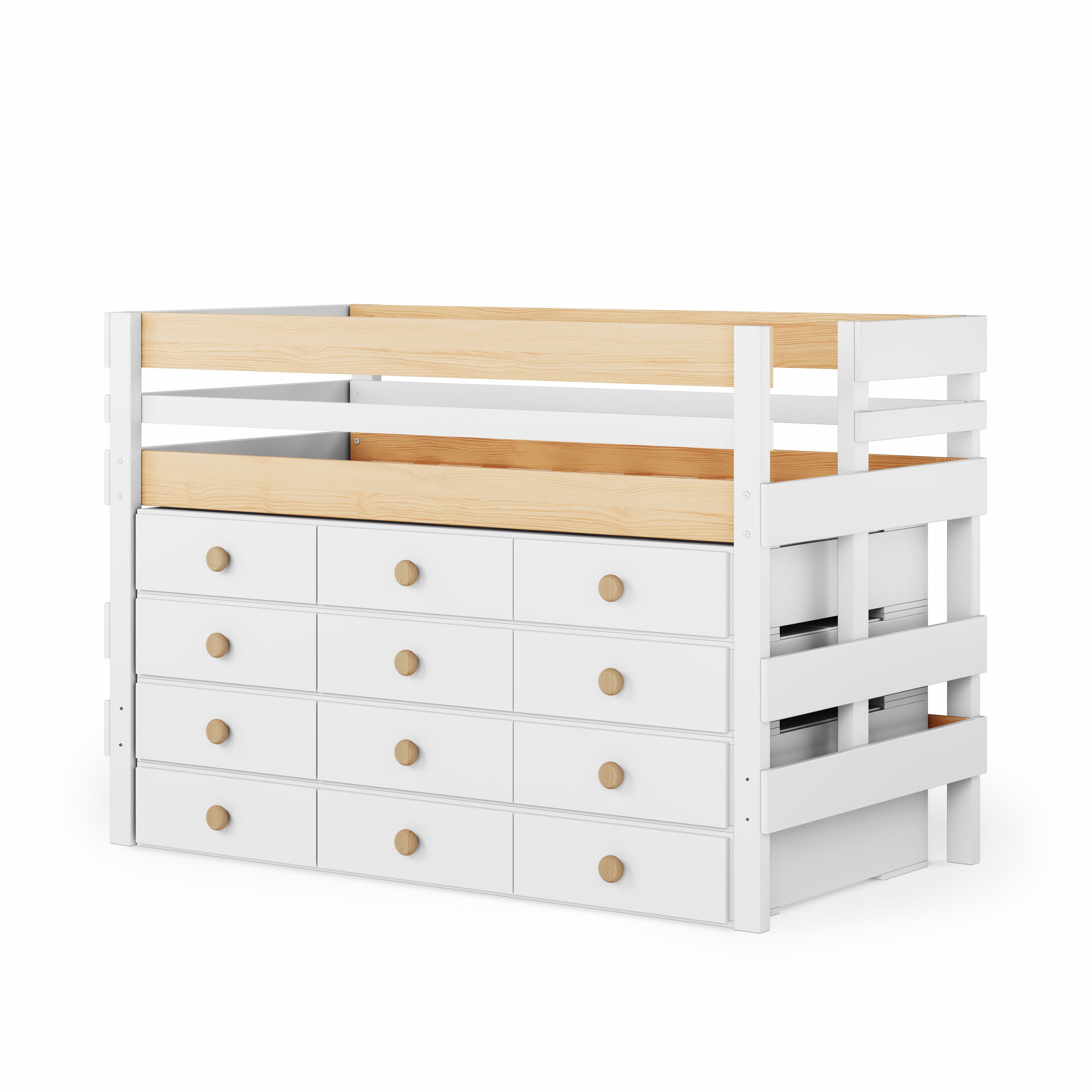 White low height high bed with twelve under bed drawers and natural wood slatted guardrails.