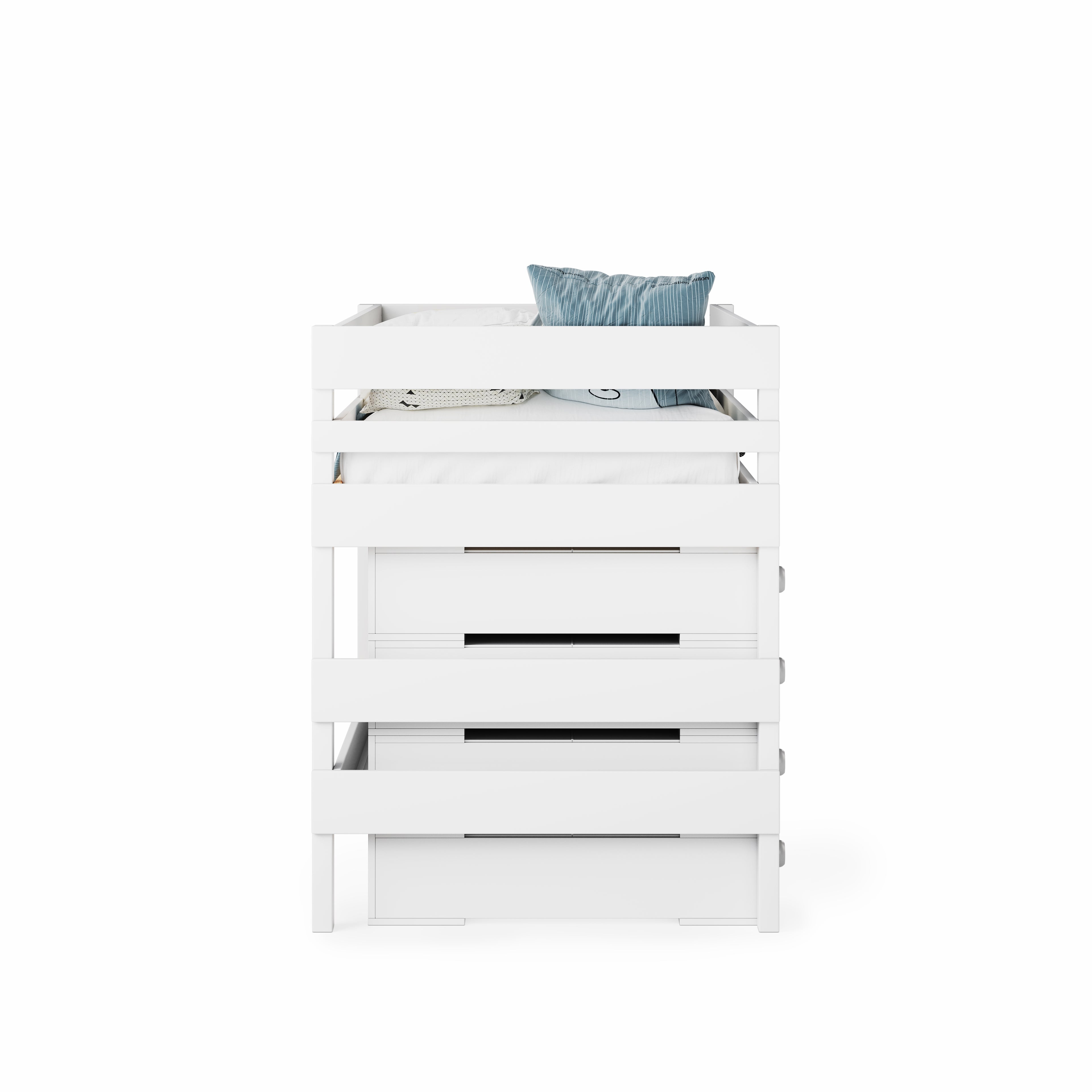 White low height high bed with guardrails and slatted base, single size.