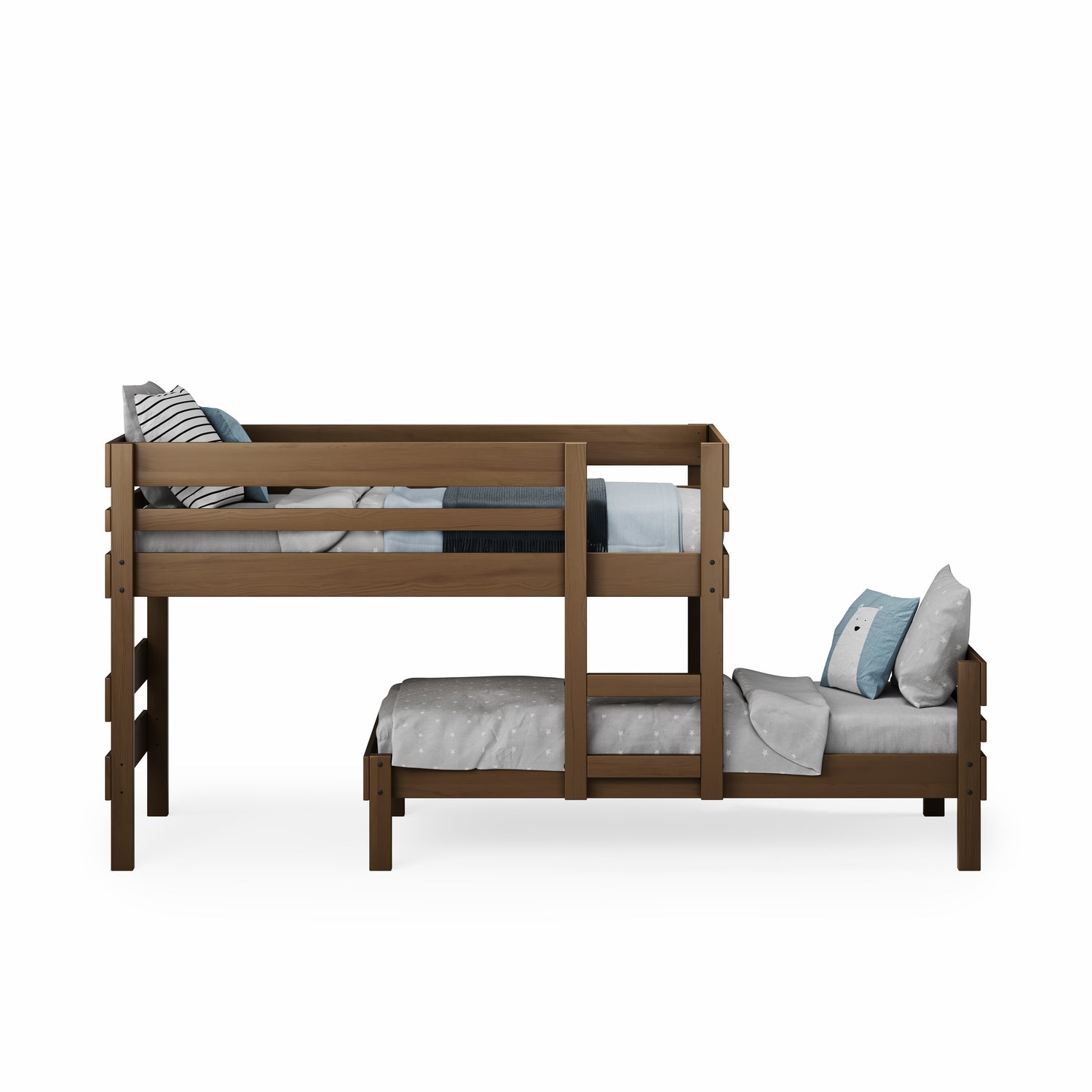 Low height long-wall bunk bed in natural wood with integrated steps and guardrails.