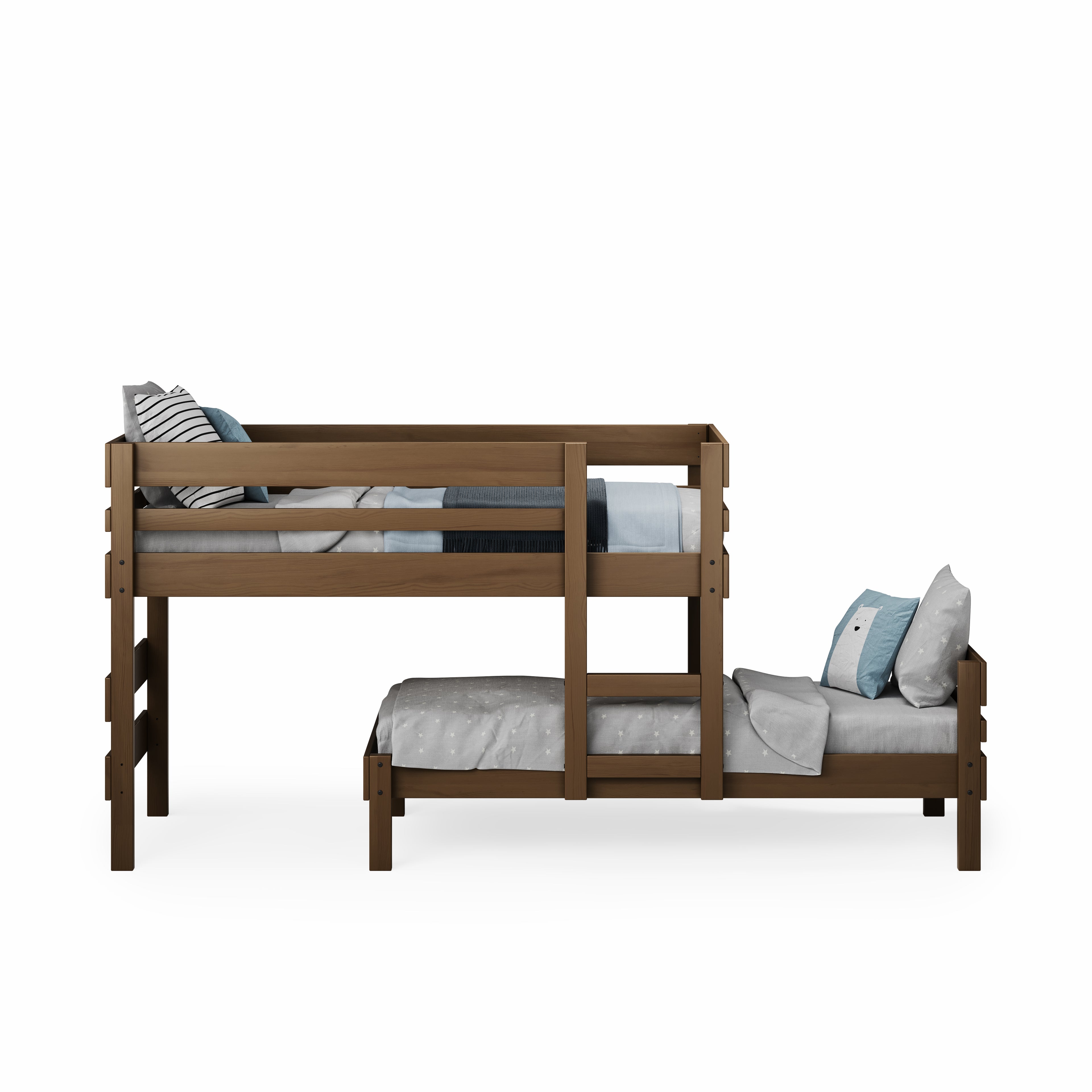 Low height long-wall bunk bed in natural wood with integrated steps and guardrails.