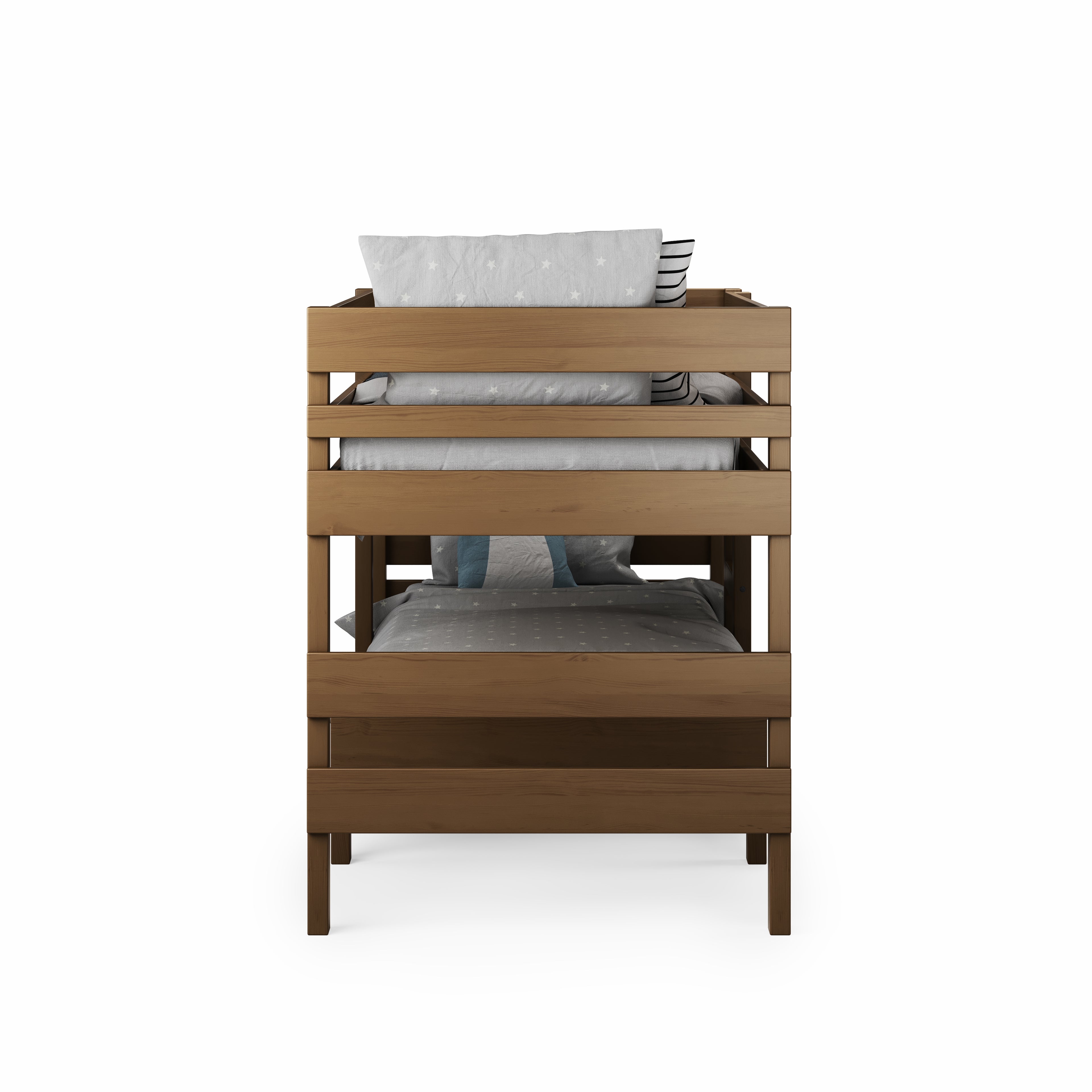 Native Elm low height long-wall bunk bed with horizontal slat guardrails and clean lines.
